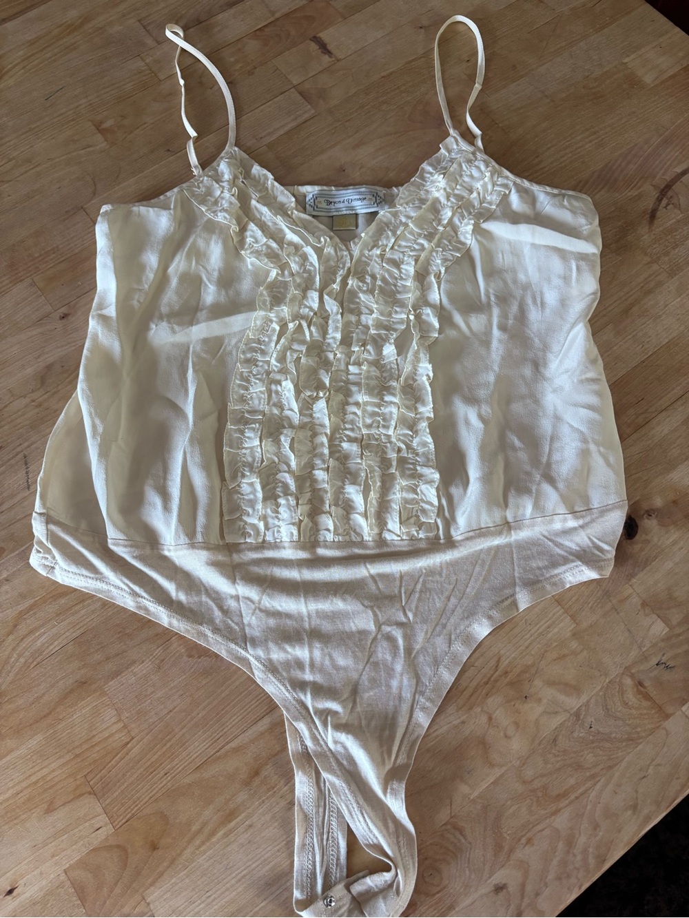 Beyond Vintage Ivory 100% Silk Ruffle Bodysuit Adjustable Straps